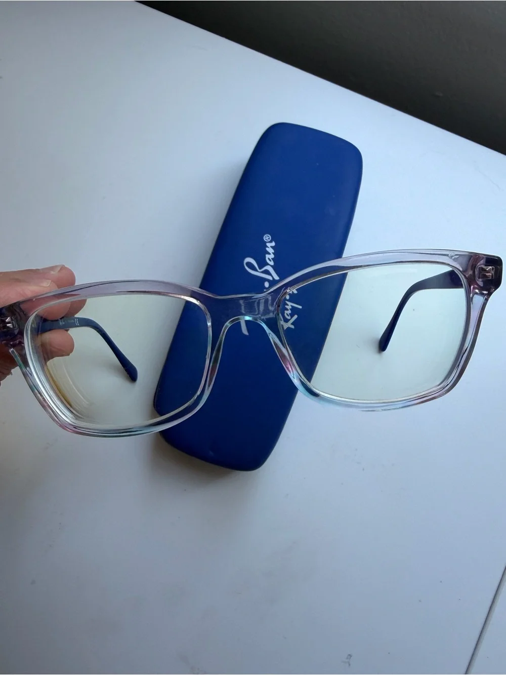 Ray-Ban Clear Frame Kids Glasses with Blue Temples and Blue Case